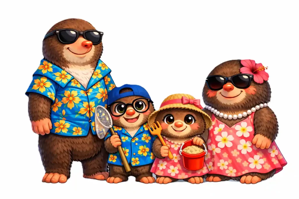 さぶモグラ一家のキャラクターイラスト。家族でマイル旅やゆるFIREを発信するブログのメインキャラクター