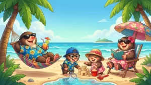 ブログ「サブモグラ」のキャラクター家族がハワイのビーチで休暇を過ごすアイキャッチ画像